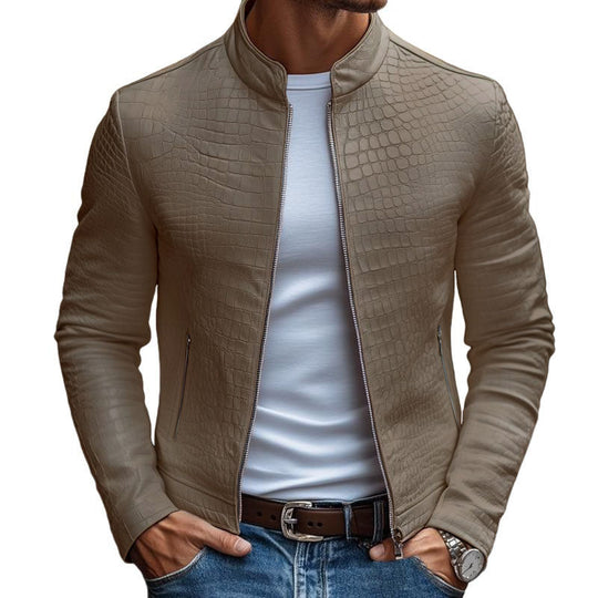 Men's Vegan Leather Slim Fit Jacket with Stone Pattern & Stand Collar