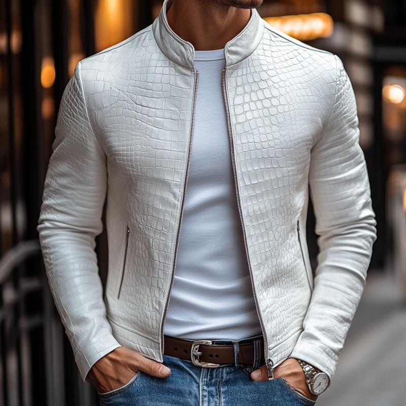 Men's Vegan Leather Slim Fit Jacket with Stone Pattern & Stand Collar