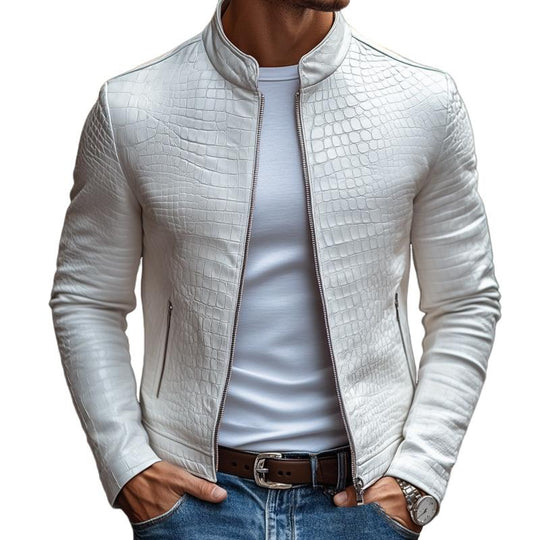 Men's Vegan Leather Slim Fit Jacket with Stone Pattern & Stand Collar